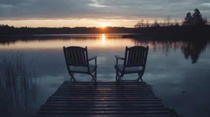 Two chairs on a dock facing a serene sunset.