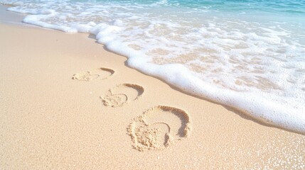 Footsteps in sand near ocean waves, tropical beach vacation
