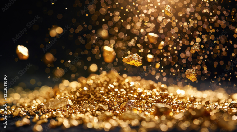 Poster golden particles sparkle in air, creating mesmerizing effect against dark background. shimmering gol