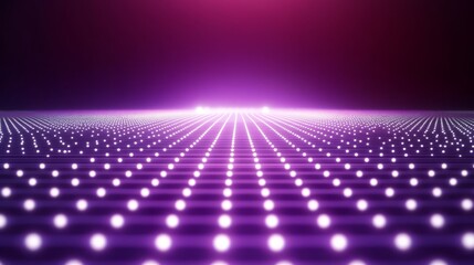 Obraz premium An abstract geometric grid with glowing dots and neon lines, displayed on a gradient dark purple background, creating a bright and futuristic effect.