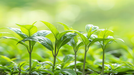 Fototapeta premium Fresh green leaves growing in lush garden, symbolizing nature beauty and renewal. vibrant foliage creates serene atmosphere, perfect for relaxation and inspiration