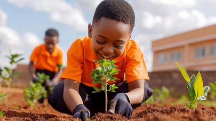 Children planting trees community garden ai generated imagery outdoor environment positive future concept