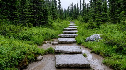Obraz premium Stone steps trail in lush forest, rainy day, nature hike. Use travel blog