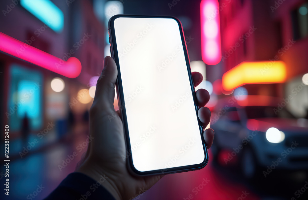 Poster hand holds smartphone at night in city. empty screen. neon lights in background. person using tech i