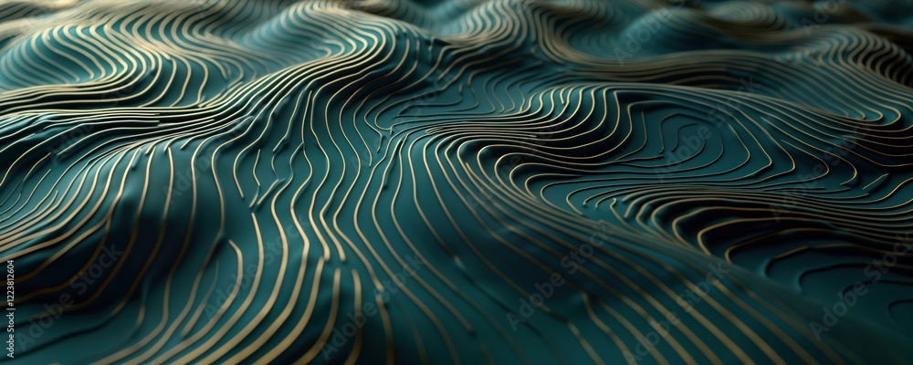 Poster Abstract design with dark teal, golden lines. Stylish wavy lines create dynamic pattern. Looks like ocean waves topographic map. Modern, artistic abstract background. Suitable for wallpaper travel