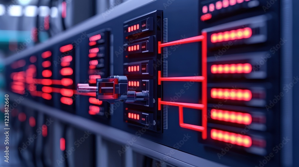 Poster red led lights on server rack in data center with modern design