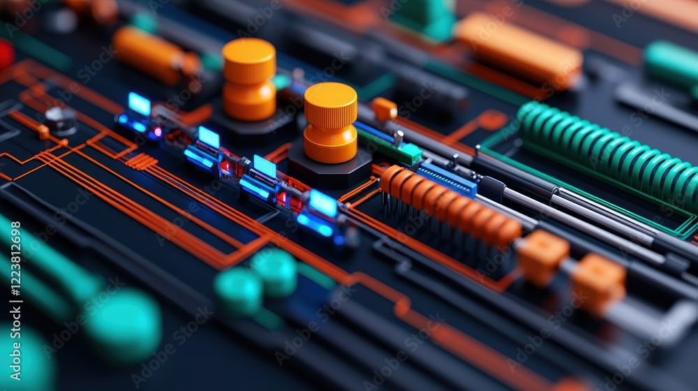 Poster close-up of colorful electronic circuit board components and patterns