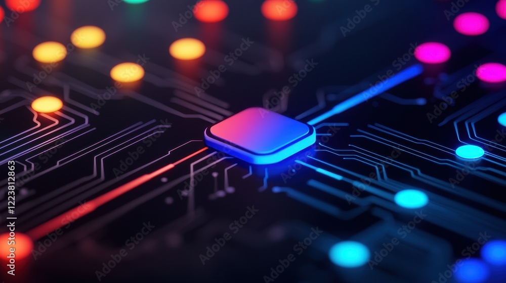Aufkleber futuristic circuit board with colorful led lights and processor chip