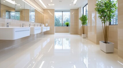 Modern office restroom with sinks, plants, and window view