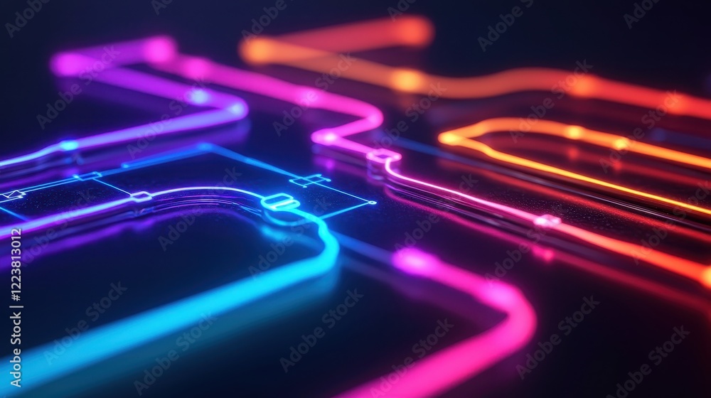 Poster vibrant neon circuit lines on dark background with futuristic style