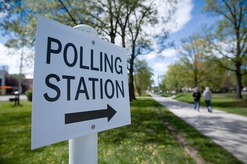 Polling station sign pointing towards a path in a park with people walking in the distance under a clear blue sky.