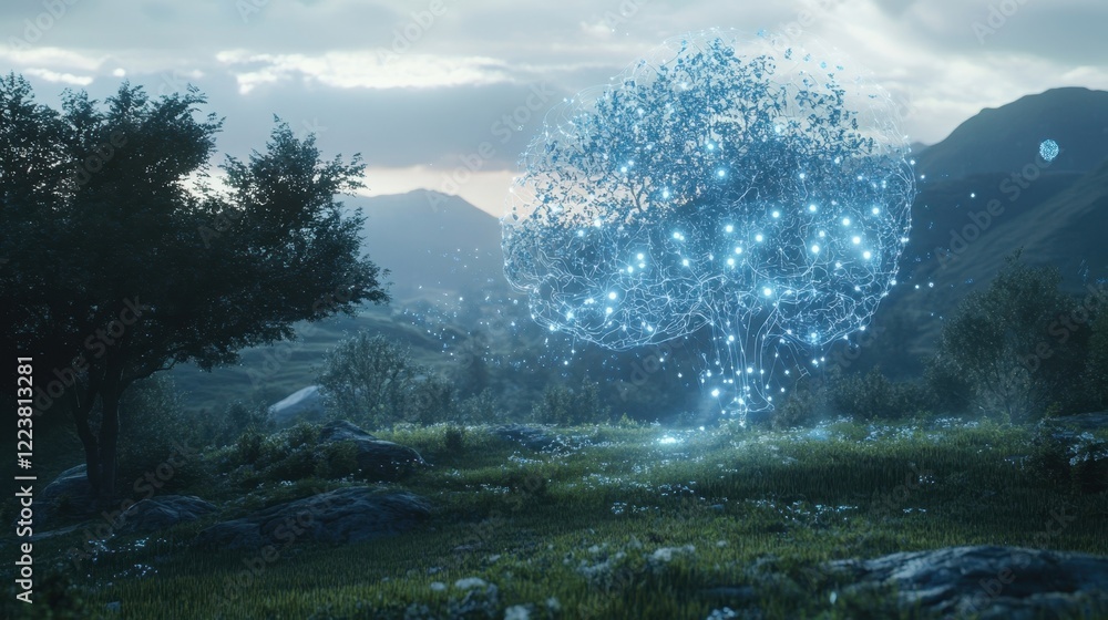 Poster mesmerizing digital tree, formed by interconnected glowing lines and points of light, illuminates a 