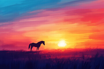 Silhouette of a horse standing in a vibrant sunset over a tranquil landscape with colorful skies