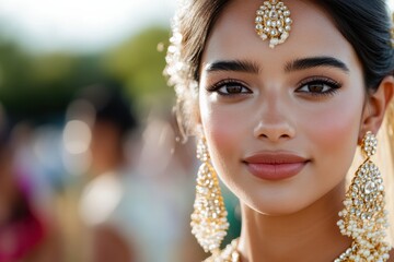 Fototapeta premium A beautiful bride with exquisite makeup and jewelry smiling serenely, capturing the essence of joy and elegance in a traditional wedding setting surrounded by lush nature.