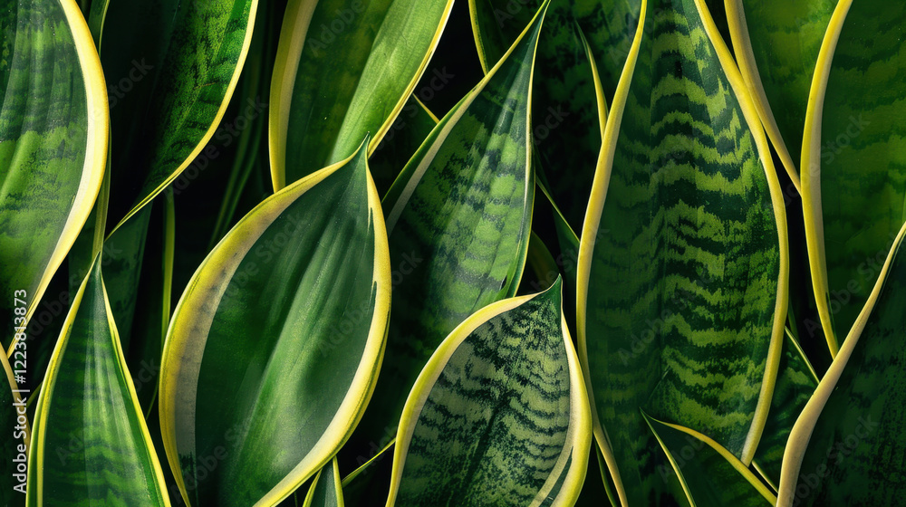 Poster lush green leaves with yellow edges create vibrant, tropical feel. intricate patterns and textures o