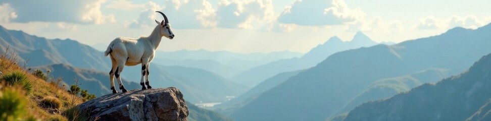 Obraz premium Goat perched on rock in landscape, country life, rocky terrain, farm animals