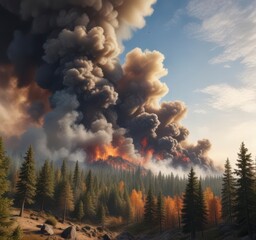 Cloudy sky with smoke rising from a forest fire, smoke cloud,  outdoor scene