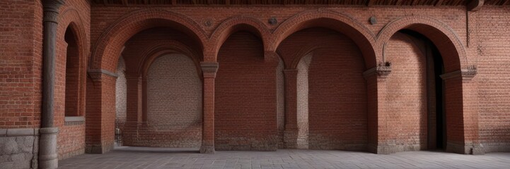 Classic wide angle shot of a red brick wall with intricate stonework and ornate archways ,  old,  classic