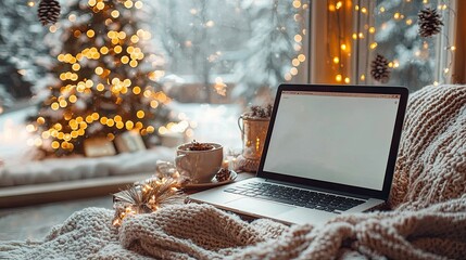 Cozy Winter Laptop Scene With Christmas Tree Lights