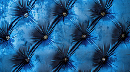 Luxurious blue velvet fabric with tufted design and decorative buttons, creating elegant and sophisticated texture. Ideal for upholstery and interior design