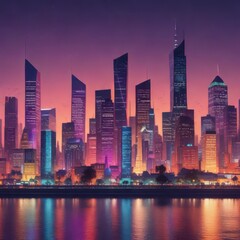 Obraz premium Colorful geometric shapes create a halftone raster set, showcasing a stylized cityscape at dusk, geometric shapes, stylized