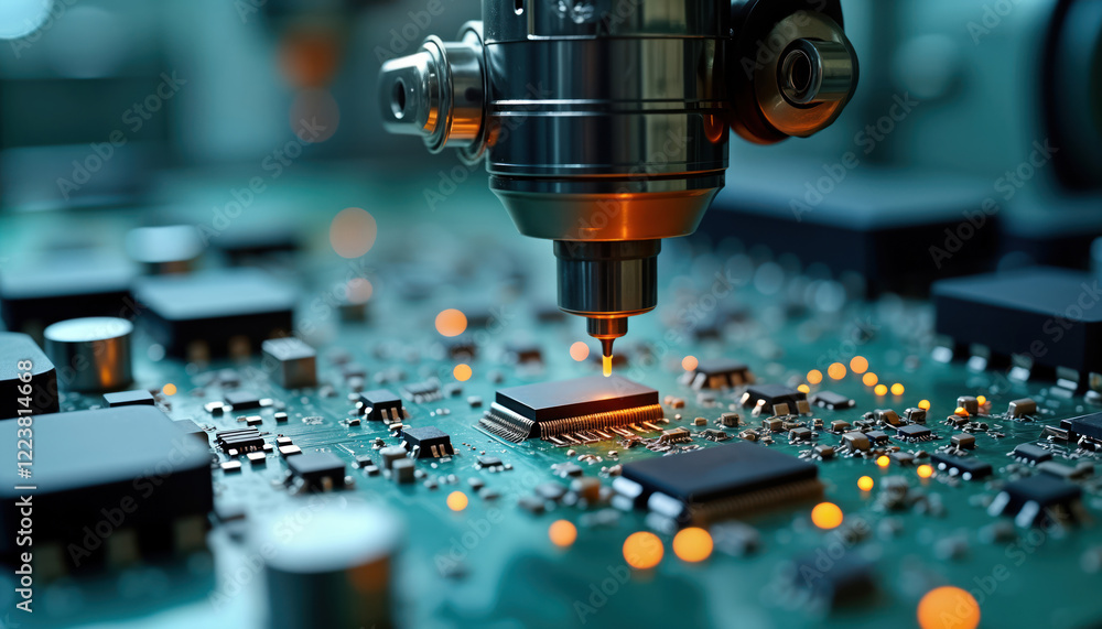 Fototapete Automated machine precisely solders components on printed circuit board in high-tech facility. Tech machine performs fast, accurate soldering process. Modern electronics manufacturing innovation,