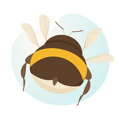 Big, cute, cartoon bumblebee flying away. Bumblebee back. Vector illustration for postcard, poster, banner, cover.