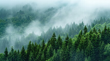 Misty Pine Forest Covered in Morning Fog
