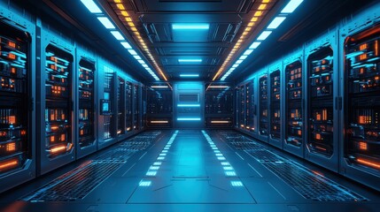 Fototapeta premium Futuristic Server Room Corridor With Bright Neon Lights