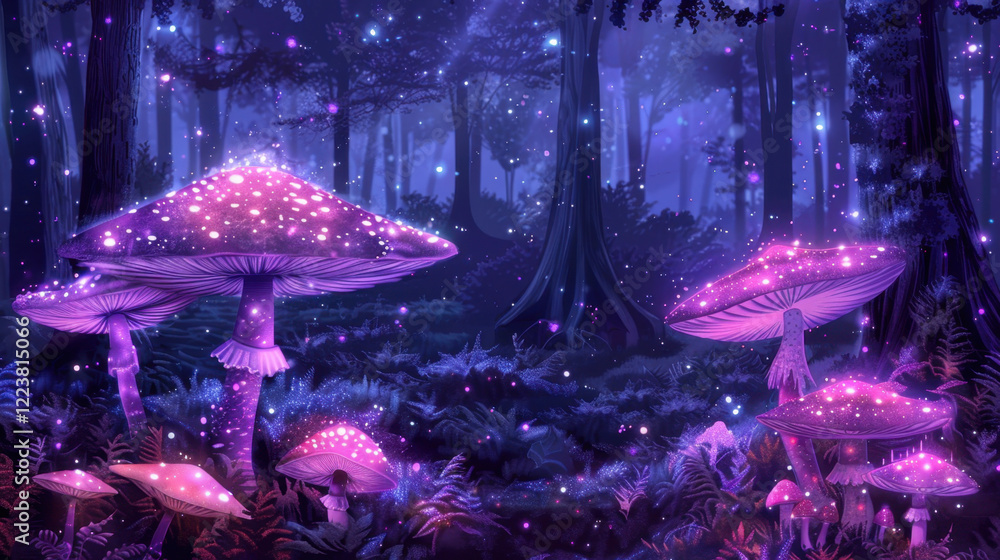 Poster magical forest scene with glowing mushrooms and ethereal lights. enchanting atmosphere is filled wit