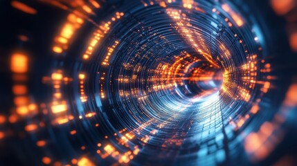 Obraz premium Abstract Digital Tunnel with Glowing Orange Lights