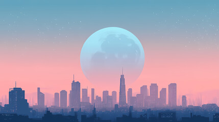 A city skyline with a large blue moon in the sky. Lunar Horizon. Illustration