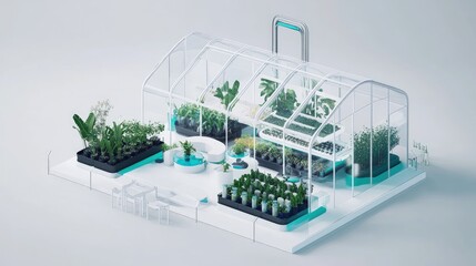 Fototapeta premium Modern Glass Greenhouse Botanical Garden Indoor Plants Cultivation Smart Farming Technology.