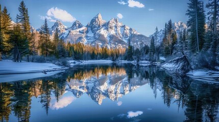 Snow-Covered Mountains Reflecting in Frozen Lake