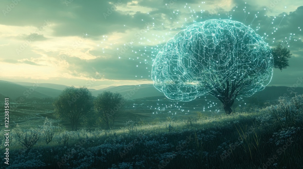 Poster a serene landscape with a hologram of a brain intricately interwoven with glowing circuitry displayi