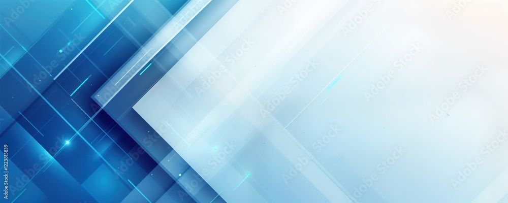 Poster Abstract geometric design with blue, white shapes. Intersecting lines, glowing elements create futuristic, techy visual. Modern tech banner concept. Ideal for website header presentation background.