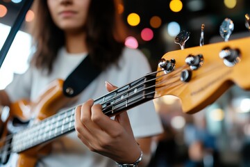 Fototapeta premium An artistic close-up of a hand gripping the neck of a bass guitar, showcasing intricate details of the instrument amidst a vibrant, colorful background.