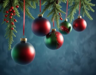Naklejka premium Hanging ornaments with red and green hues on a blue background, winter elements, red, christmas decorations