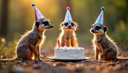 Tiny meerkats wear party hats and celebrate birthday with cake. Adorable animals gather around sweet treat. Birthday wishes are expressed in heartwarming moment. Party is joyful and full of fun.