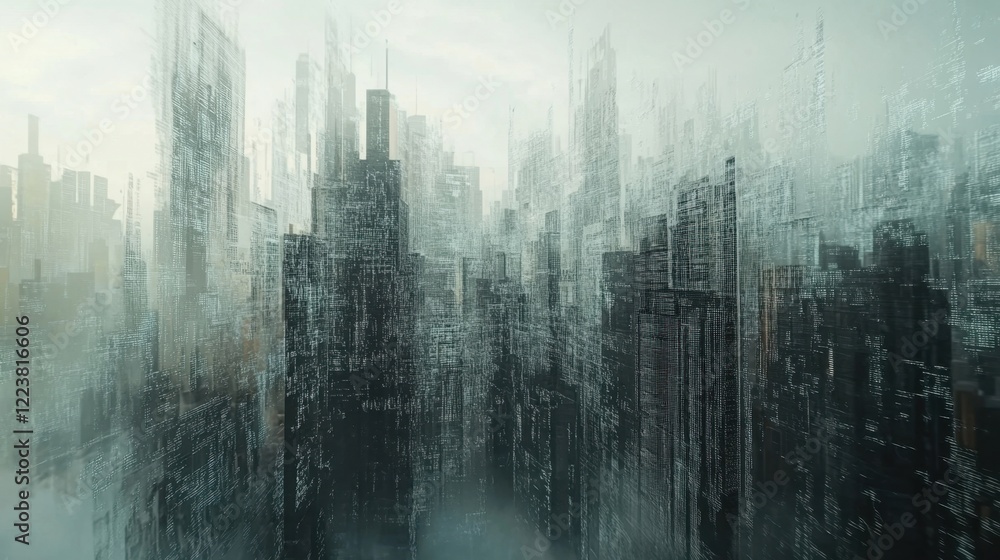 Poster futuristic cityscape emerging from a thick fog with a digital matrix overlay, creating a mysterious 