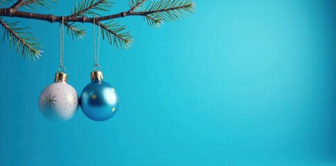 Blue and white ornaments hang from a metal rod on blue background, Christmas, festive, winter