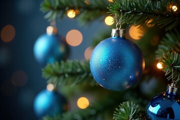 Fototapeta premium Blue and white glass balls adorn the tree with holiday lights, holiday decor, twinkling lights, Glass ornaments