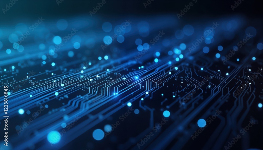 Poster Abstract illustration of glowing blue circuit board on dark background. Complex network of interconnected lines, dots. Futuristic, modern design. Perfect for tech themes. Electronic network system.