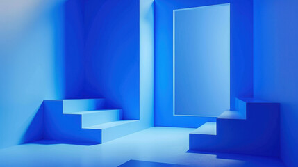 modern blue interior with stairs and framed mirror creates serene atmosphere. minimalist design emphasizes clean lines and vibrant color, inviting exploration