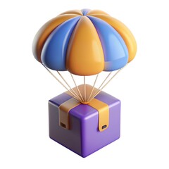 3d Cardboard box with flying parachute icon. Minimal Parcel box or shipment package with hot air balloon. Cargo delivery service, Online Shopping concept on isolated blue purple background. 3d render