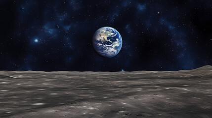 Detailed 3d cartoon rendering of the earth and moon as seen from space. Lunar Horizon. Illustration