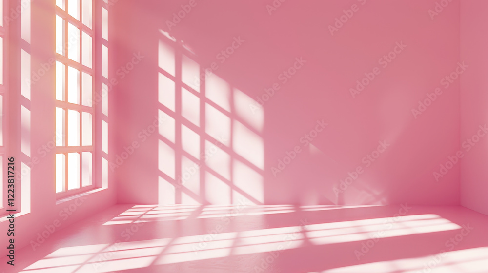 Poster bright pink room with large windows casting soft shadows on floor, creating serene and inviting atmo