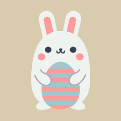Easter bunny holding an easter egg. Cute cartoon character in kawaii style and elegant pastel colors. Easter clipart design element. Simple icon or logo.