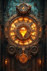 Steampunk Mechanical Illustration with Gears, Dials, and Hourglass in Vintage Technical Style
