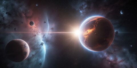 Celestial bodies orbiting a shimmering nebula, universe, space